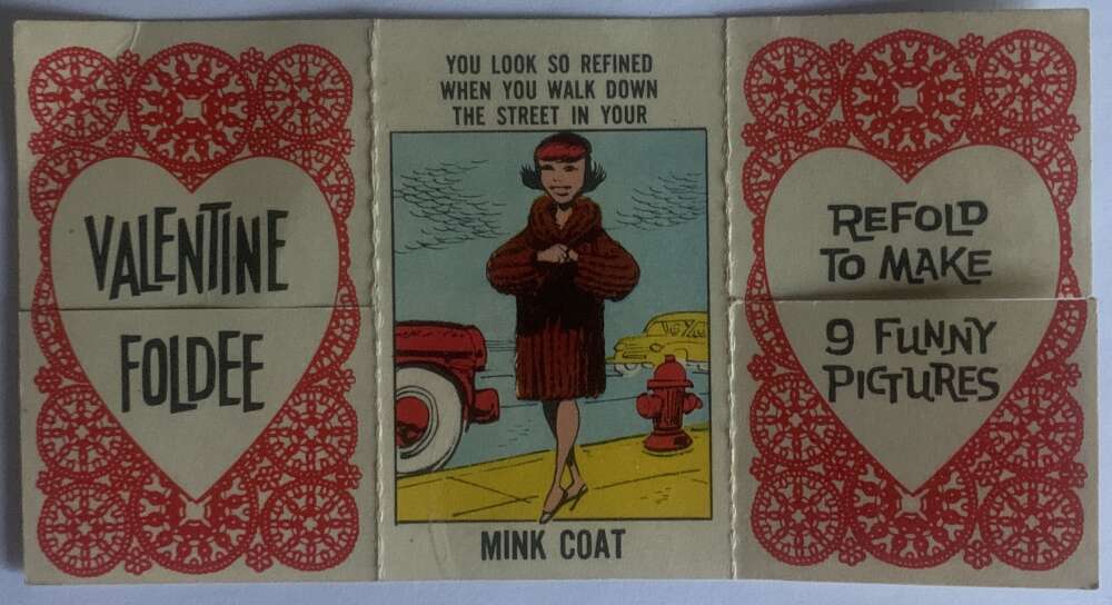 1963 Valentine Foldees #52 Mink Coat, Football, Bikini V54926 Image 1