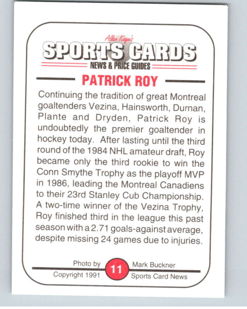 1991 Sports Card Magazine Card #11 Patrick Roy V54982 Image 2