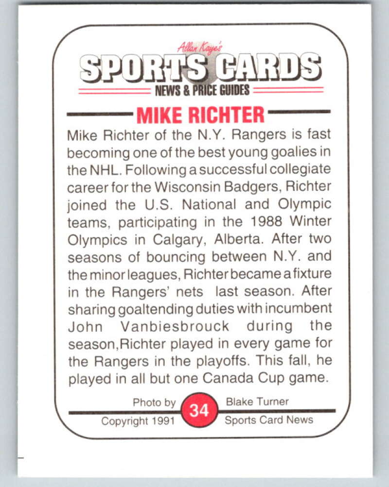 1991 Sports Card Magazine Card #34 Mike Richter V54989 Image 2