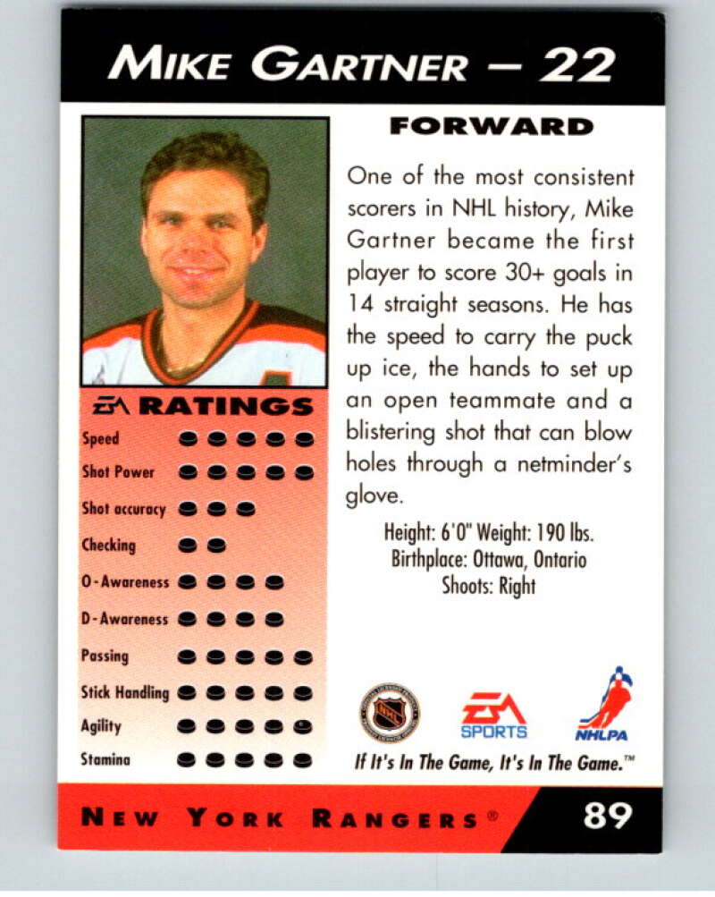1994 EA Sports Hockey NHLPA '94 #89 Mike Gartner V55206 Image 2
