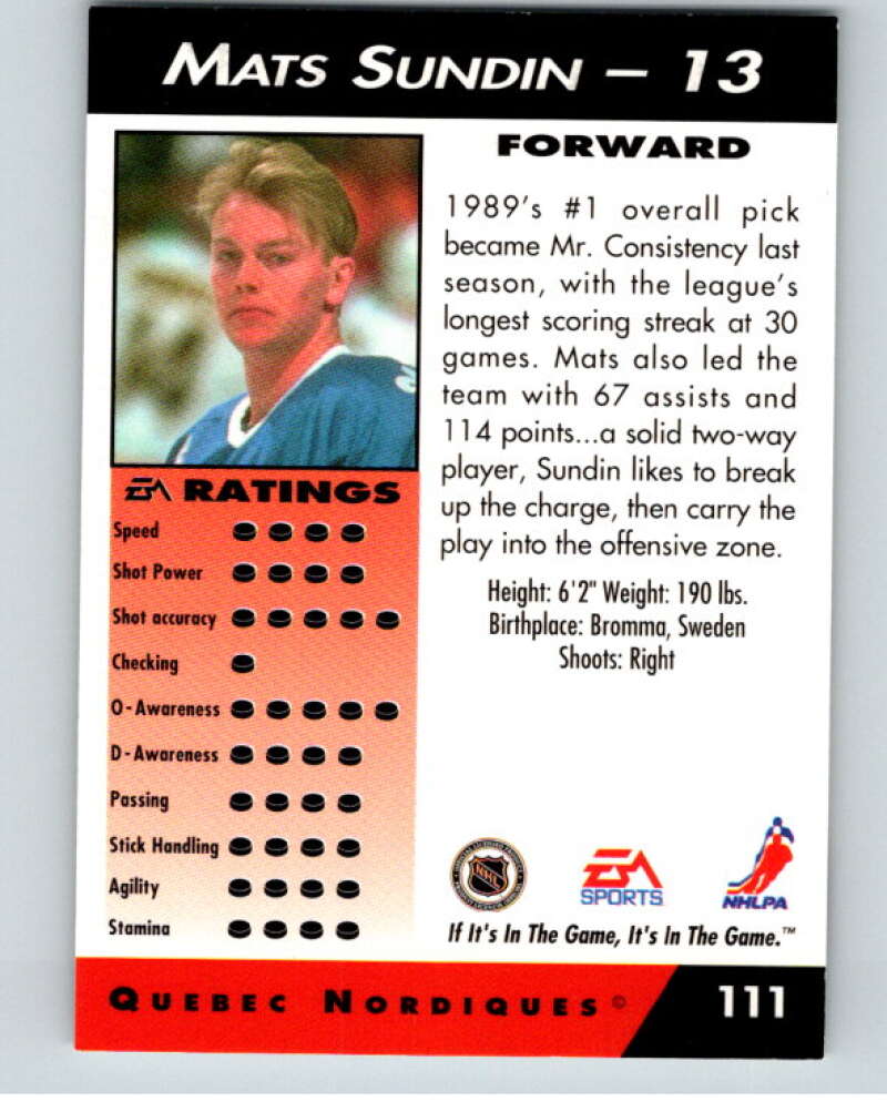 1994 EA Sports Hockey NHLPA '94 #111 Mats Sundin V55233 Image 2