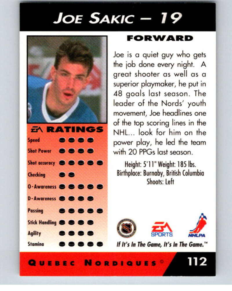 1994 EA Sports Hockey NHLPA '94 #112 Joe Sakic V55234 Image 2