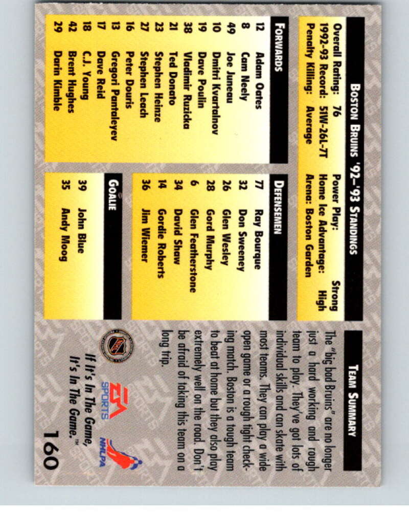 1994 EA Sports Hockey NHLPA '94 #160 Boston Bruins V55259 Image 2