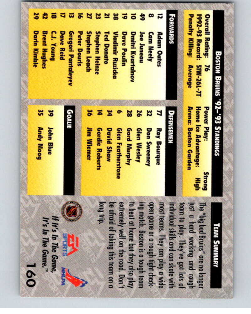 1994 EA Sports Hockey NHLPA '94 #160 Boston Bruins V55260 Image 2