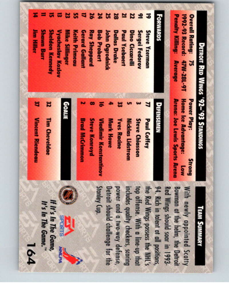 1994 EA Sports Hockey NHLPA '94 #164 Detroit Red Wings V55266 Image 2