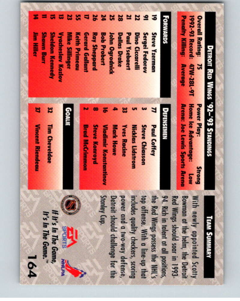 1994 EA Sports Hockey NHLPA '94 #164 Detroit Red Wings V55267 Image 2