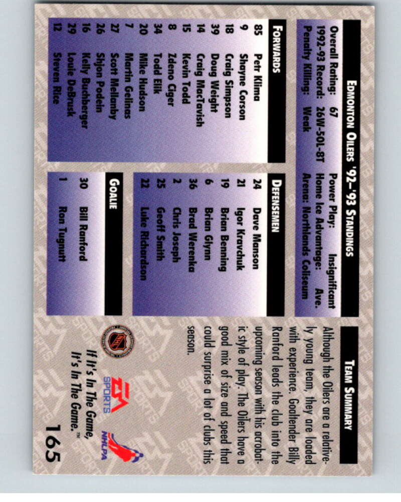 1994 EA Sports Hockey NHLPA '94 #165 Edmonton Oilers V55269 Image 2