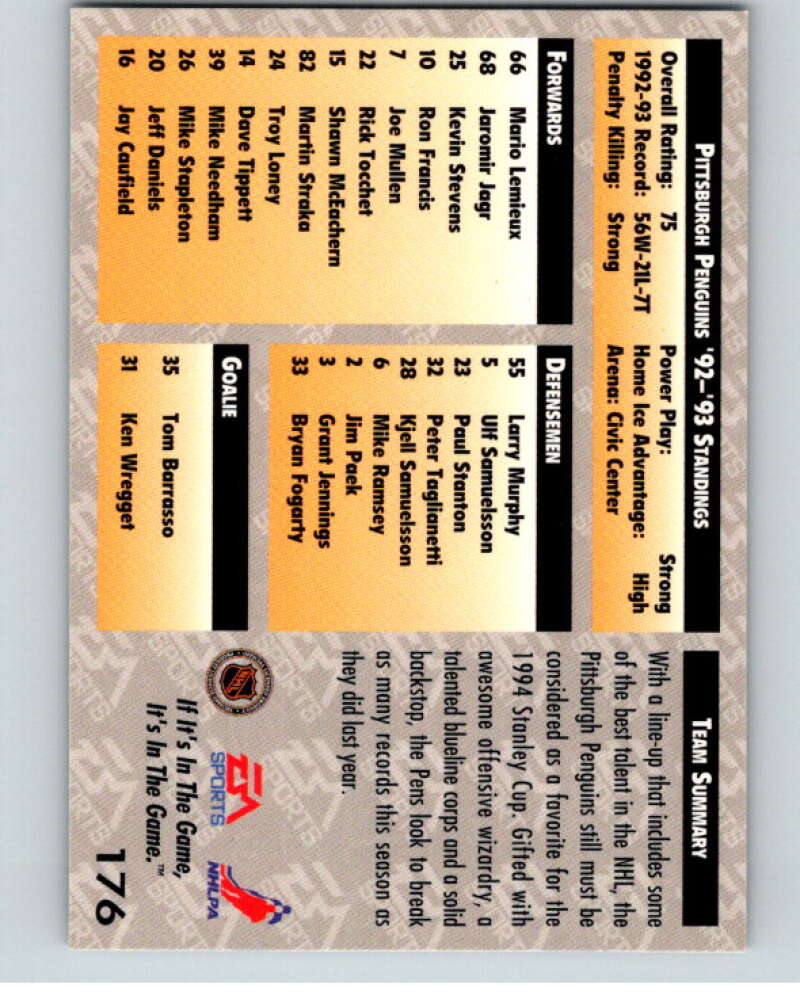 1994 EA Sports Hockey NHLPA '94 #176 Pittsburgh Penguins V55274 Image 2
