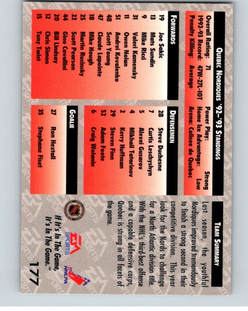 1994 EA Sports Hockey NHLPA '94 #177 Quebec Nordiques V55275 Image 2