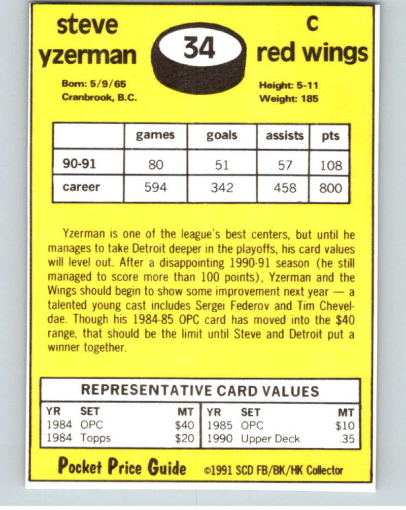 1991 SCD Pocket Price Guide #34 Steve Yzerman Image 2