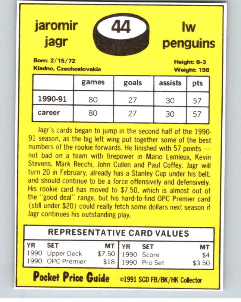 1991 SCD Pocket Price Guide #44 Jaromir Jagr Image 2