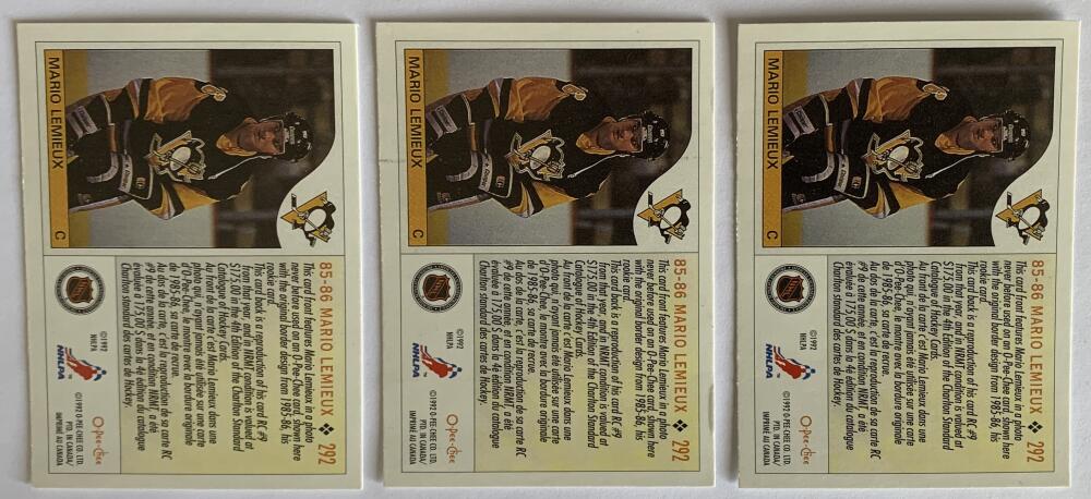 1992-93 O-Pee-Chee #292 Mario Lemieux 85 Hockey Card Lot of 3 cards - V55615 Image 2