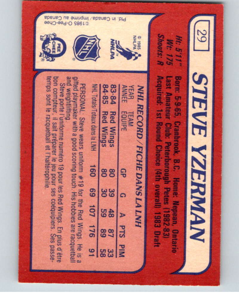1985-86 O-Pee-Chee #29 Steve Yzerman Detroit Red Wings V56395 Image 2