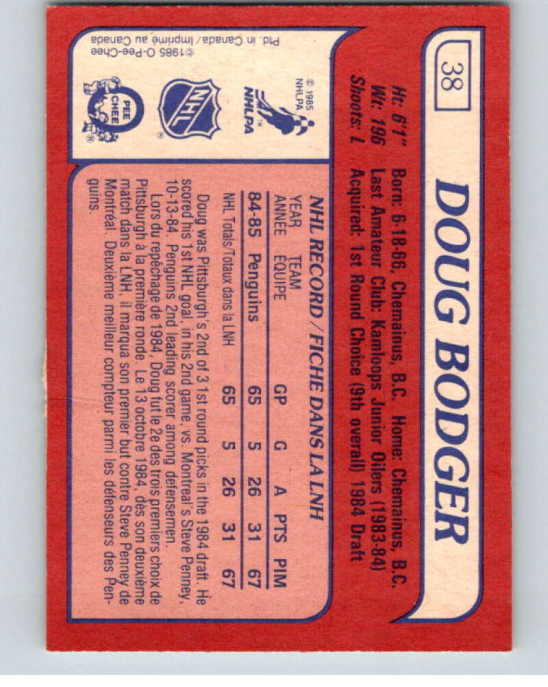 1985-86 O-Pee-Chee #38 Doug Bodger RC Rookie Pittsburgh Penguins V56421 Image 2