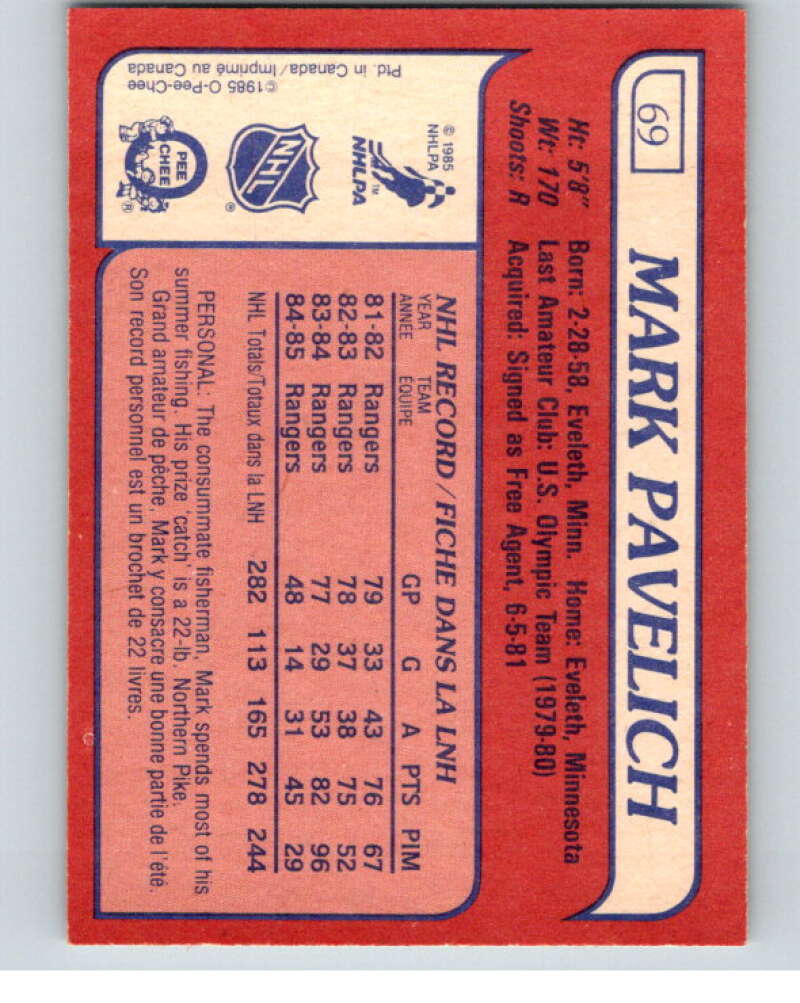 1985-86 O-Pee-Chee #69 Mark Pavelich New York Rangers V56482 Image 2