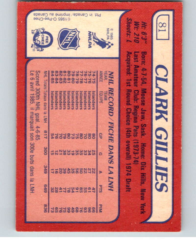 1985-86 O-Pee-Chee #81 Clark Gillies New York Islanders V56518 Image 2
