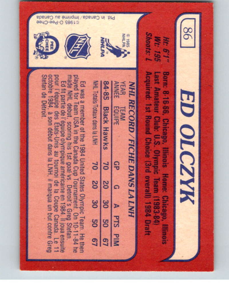 1985-86 O-Pee-Chee #86 Ed Olczyk RC Rookie Chicago Blackhawks V56526 Image 2
