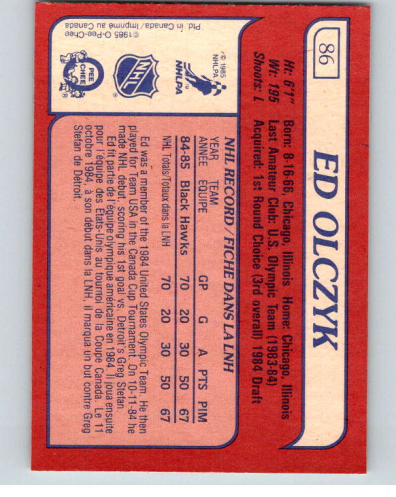 1985-86 O-Pee-Chee #86 Ed Olczyk RC Rookie Chicago Blackhawks V56528 Image 2