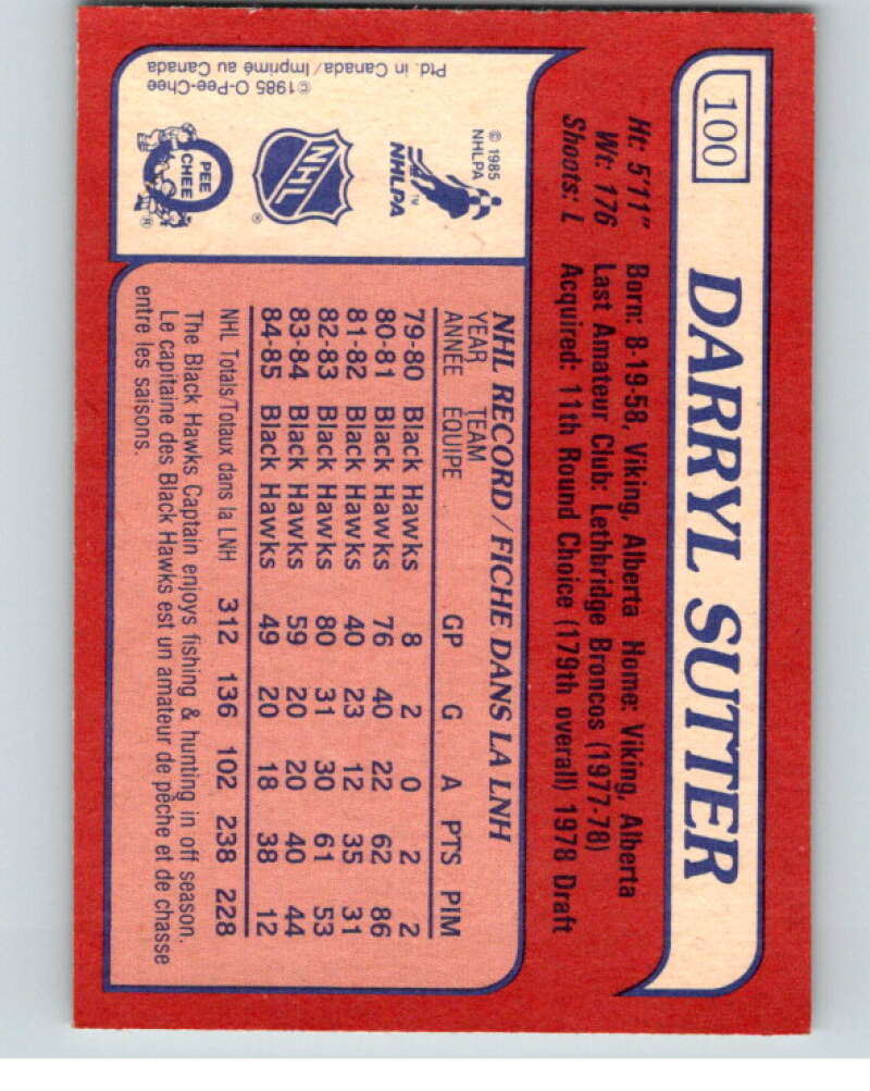 1985-86 O-Pee-Chee #100 Darryl Sutter Chicago Blackhawks V56556 Image 2