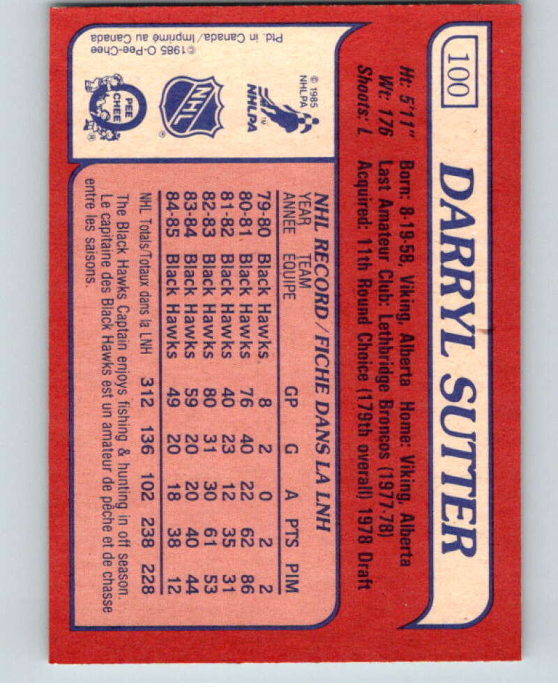 1985-86 O-Pee-Chee #100 Darryl Sutter Chicago Blackhawks V56560 Image 2