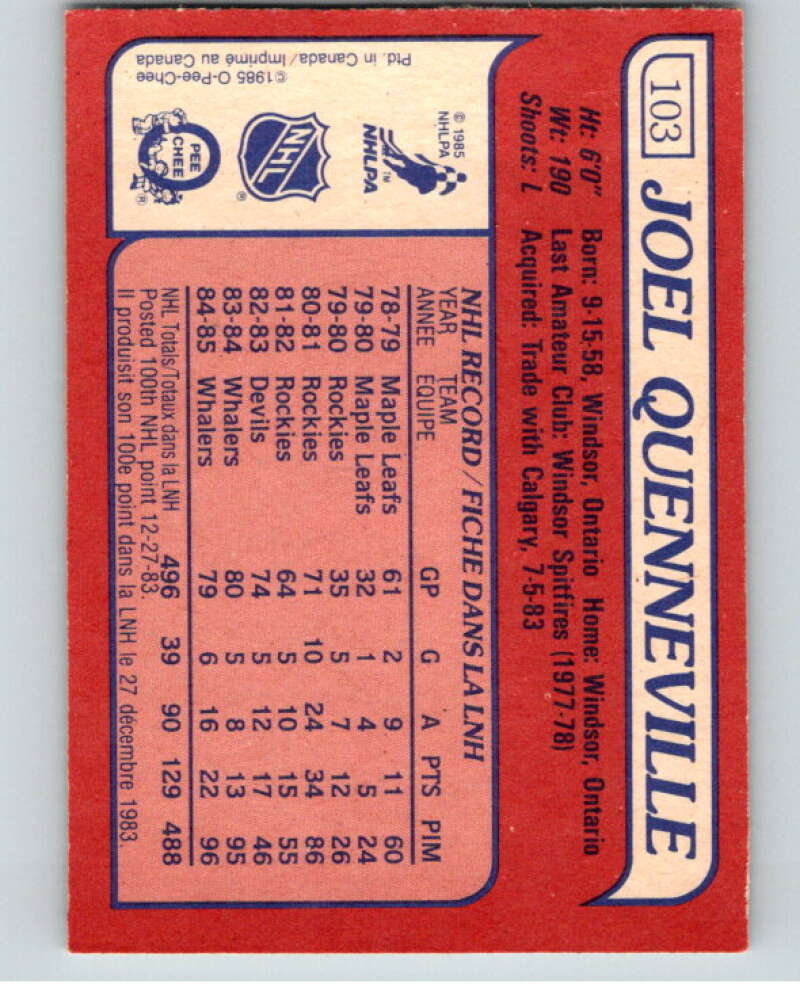 1985-86 O-Pee-Chee #103 Joel Quenneville Hartford Whalers V56564 Image 2