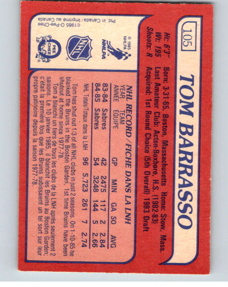 1985-86 O-Pee-Chee #105 Tom Barrasso Buffalo Sabres V56571 Image 2