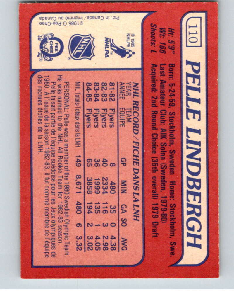 1985-86 O-Pee-Chee #110 Pelle Lindbergh Philadelphia Flyers V56585 Image 2