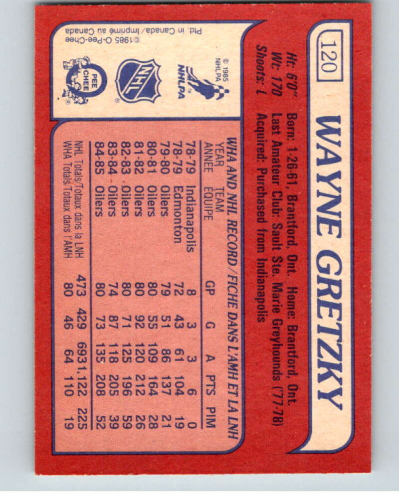 1985-86 O-Pee-Chee #120 Wayne Gretzky Edmonton Oilers V56611 Image 2