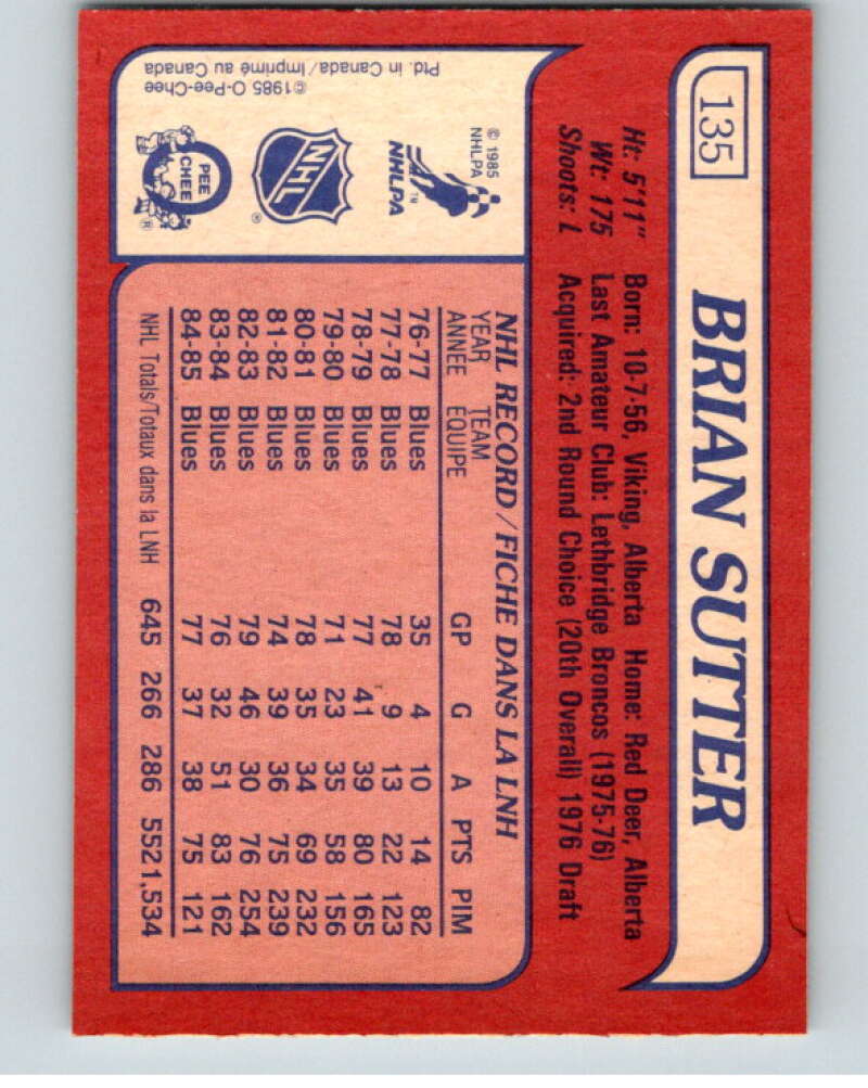 1985-86 O-Pee-Chee #135 Brian Sutter St. Louis Blues V56645 Image 2