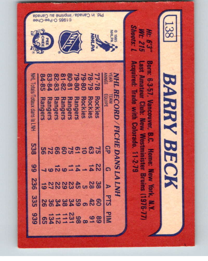 1985-86 O-Pee-Chee #138 Barry Beck New York Rangers V56653 Image 2