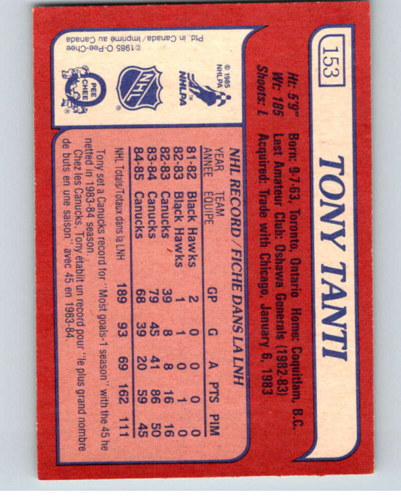 1985-86 O-Pee-Chee #153 Tony Tanti Vancouver Canucks V56695 Image 2