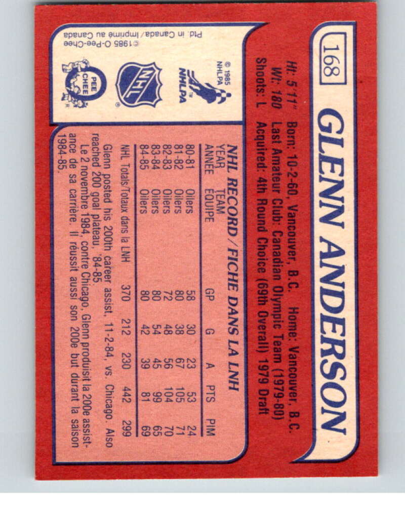 1985-86 O-Pee-Chee #168 Glenn Anderson Edmonton Oilers V56731 Image 2