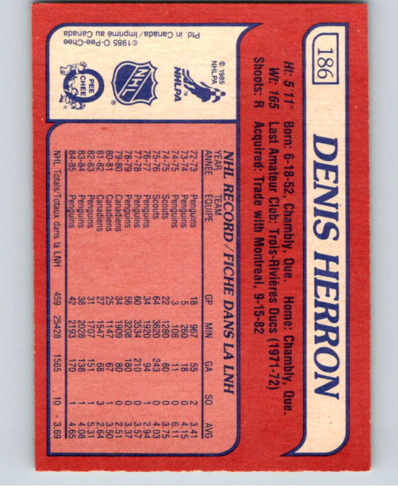 1985-86 O-Pee-Chee #186 Denis Herron Pittsburgh Penguins V56771 Image 2