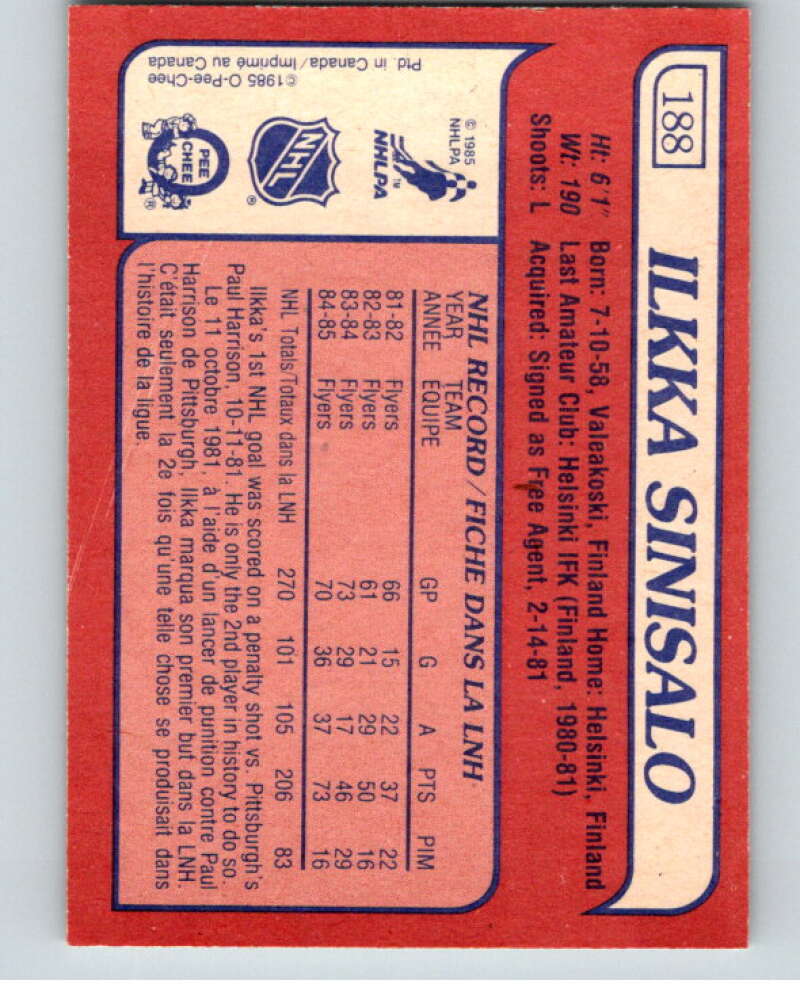 1985-86 O-Pee-Chee #188 Ilkka Sinisalo Philadelphia Flyers V56777 Image 2