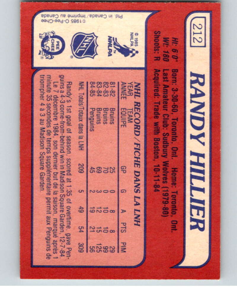 1985-86 O-Pee-Chee #212 Randy Hillier RC Rookie Penguins V56826 Image 2