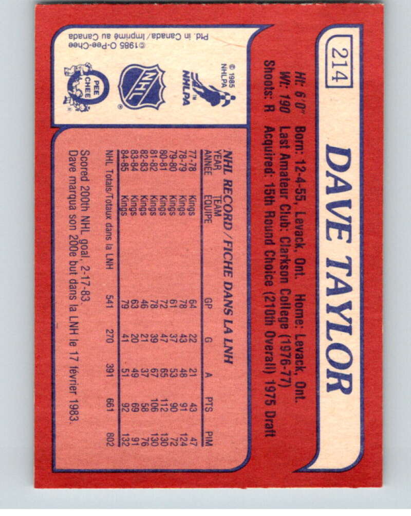 1985-86 O-Pee-Chee #214 Dave Taylor Los Angeles Kings V56829 Image 2