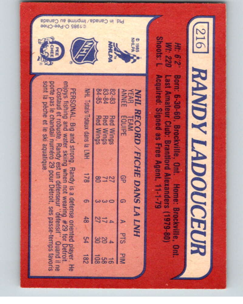 1985-86 O-Pee-Chee #216 Randy Ladouceur Detroit Red Wings V56834 Image 2