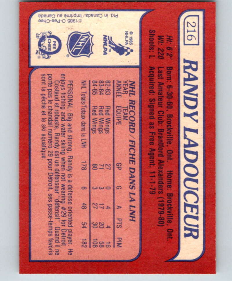 1985-86 O-Pee-Chee #216 Randy Ladouceur Detroit Red Wings V56835 Image 2