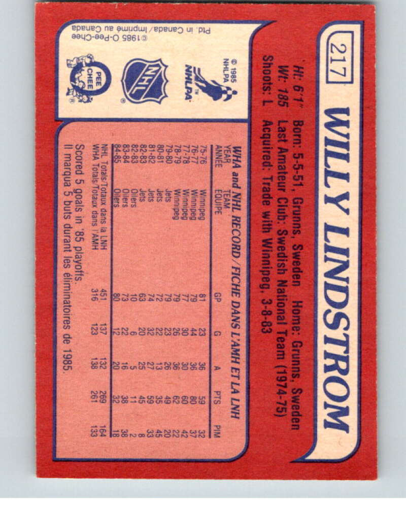 1985-86 O-Pee-Chee #217 Willy Lindstrom Pittsburgh Penguins V56838 Image 2