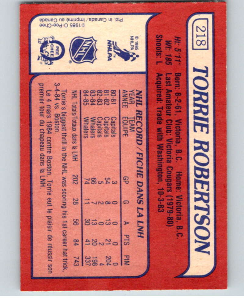 1985-86 O-Pee-Chee #218 Torrie Robertson RC Rookie Whalers V56840 Image 2