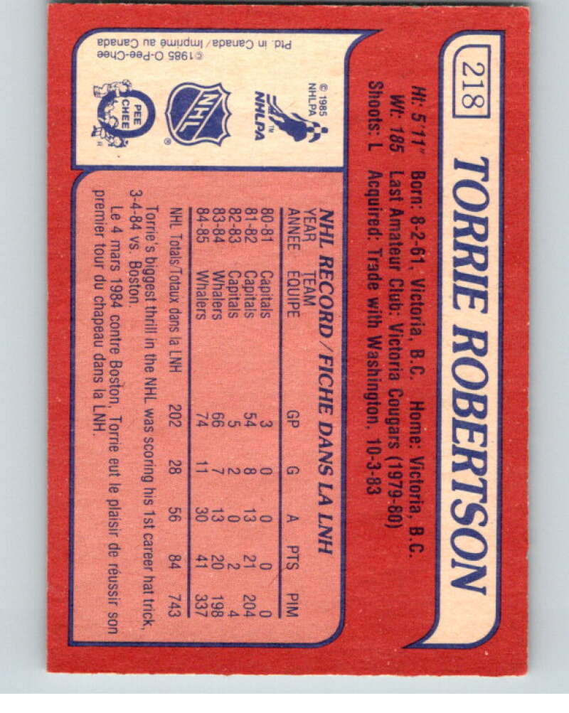 1985-86 O-Pee-Chee #218 Torrie Robertson RC Rookie Whalers V56841 Image 2