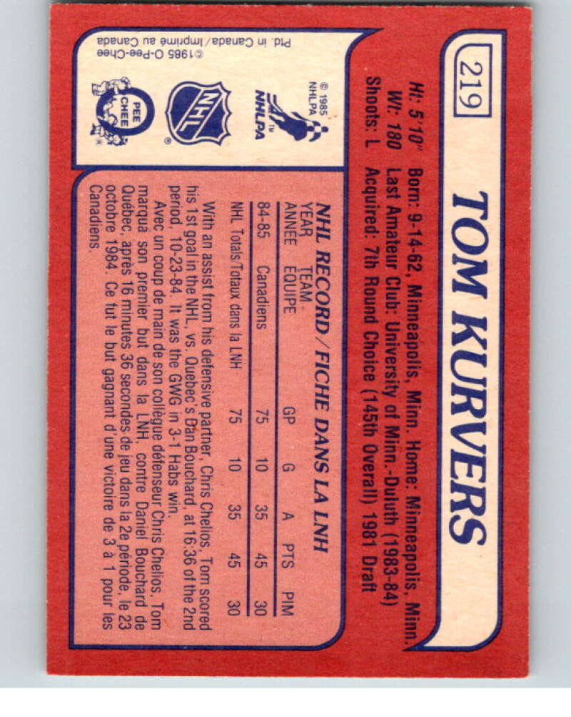 1985-86 O-Pee-Chee #219 Tom Kurvers RC Rookie Canadiens V56843 Image 2