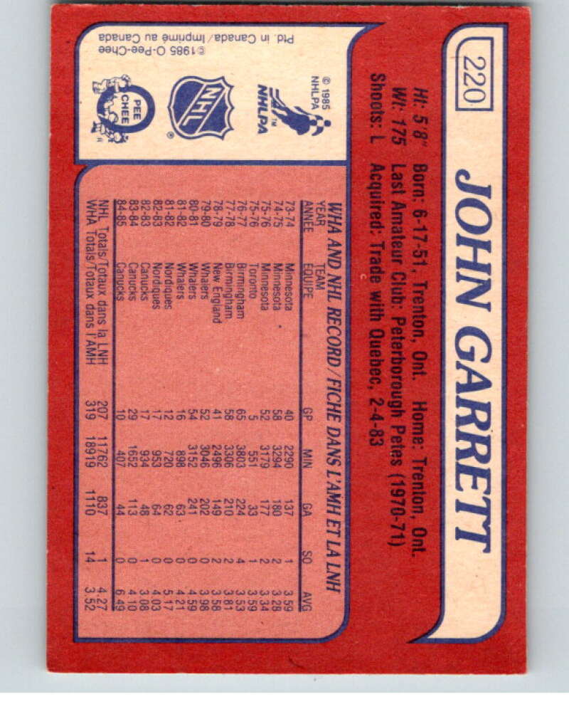 1985-86 O-Pee-Chee #220 John Garrett Vancouver Canucks V56846 Image 2
