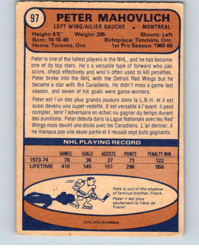 1974-75 O-Pee-Chee #97 Pete Mahovlich Montreal Canadiens V57018 Image 2