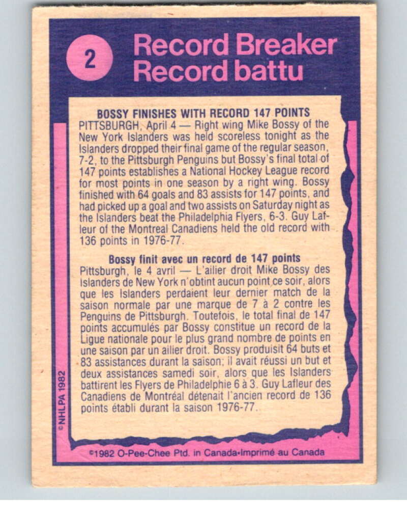 1982-83 O-Pee-Chee #2 Mike Bossy RB New York Islanders V57084 Image 2