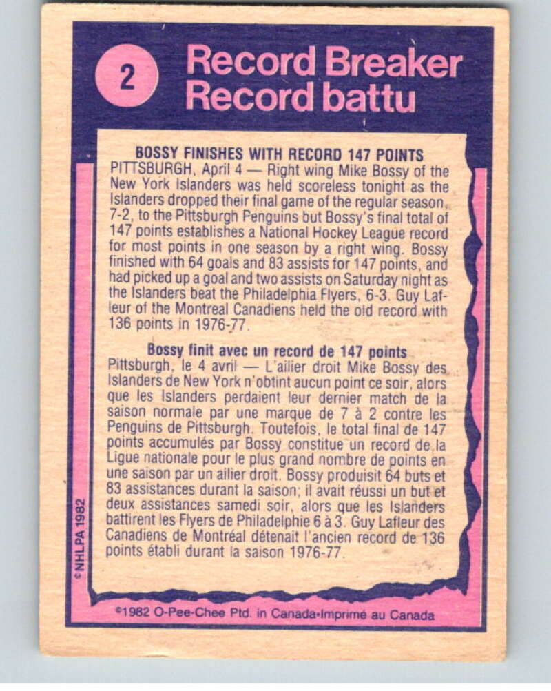 1982-83 O-Pee-Chee #2 Mike Bossy RB New York Islanders V57086 Image 2