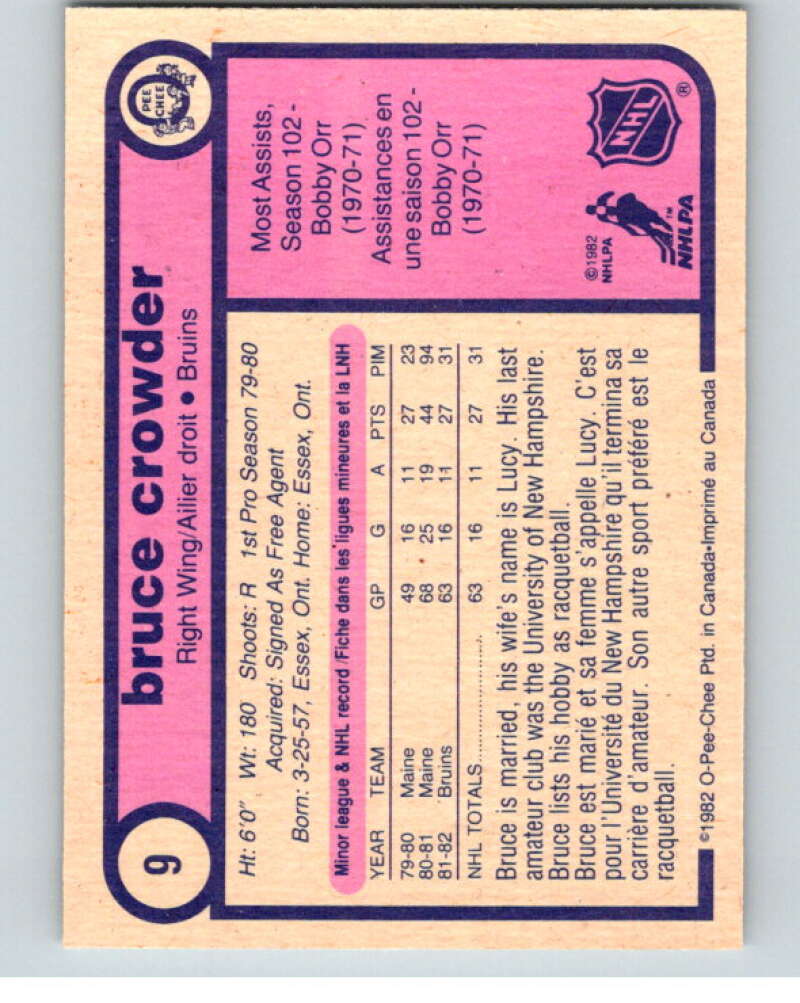 1982-83 O-Pee-Chee #9 Bruce Crowder RC Rookie Boston Bruins V57123 Image 2
