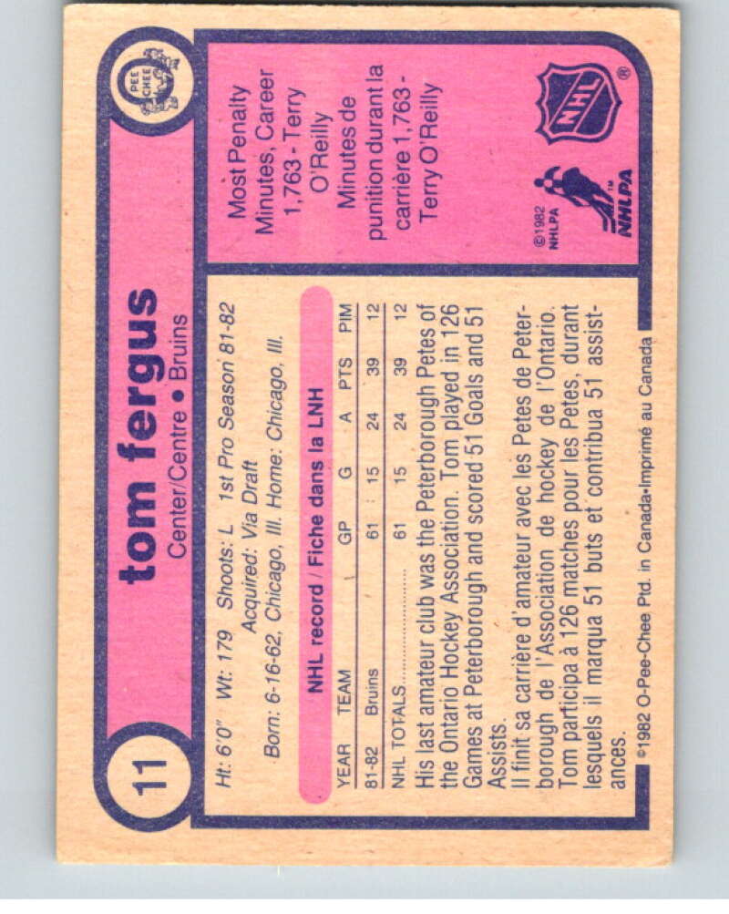 1982-83 O-Pee-Chee #11 Tom Fergus RC Rookie Boston Bruins V57126 Image 2