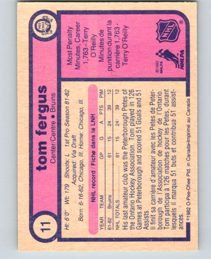 1982-83 O-Pee-Chee #11 Tom Fergus RC Rookie Boston Bruins V57136 Image 2