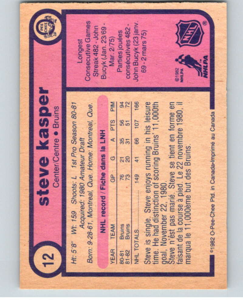 1982-83 O-Pee-Chee #12 Steve Kasper RC Rookie Boston Bruins V57143 Image 2